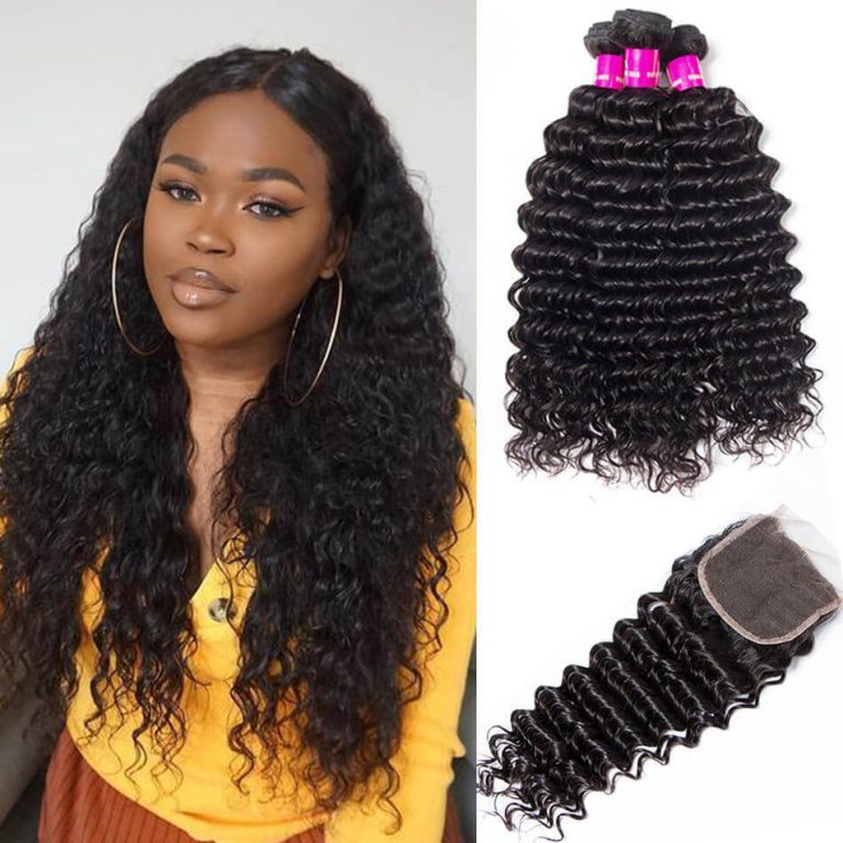 Brazilian Deep Wave Hair 3 Bundles With Closure Evan Hair 10A Deep Wave