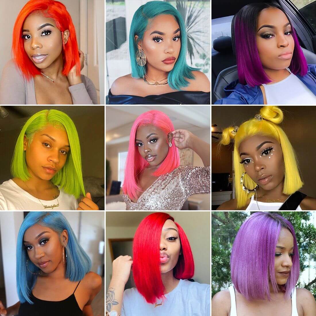 short bob colorful wigs,colorful bob straight front,pink straight front wig,red color wigs,green wig,coloful straight cut bob wig,blue bob wigs,purple bob wig