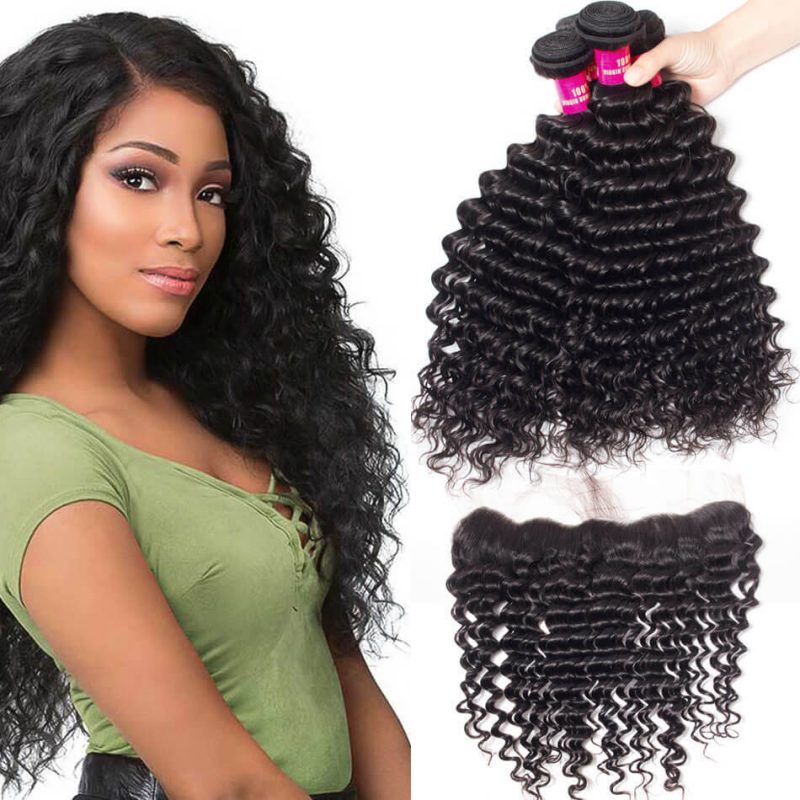 Evan Hair Malaysian Deep Wave Hair 4 Bundles With 134 Lace Frontal 10a