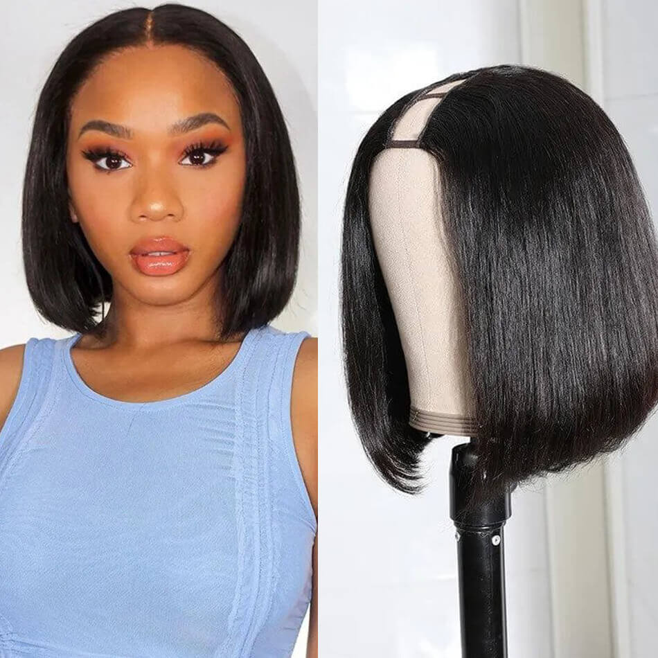 Brazilian Headband Wig Straight Human Hair Wig 180 Density Full   Bob Straight U Part Wig 2x4 Opening Size Middle Part Blunt Cut Bob 180 Density Natural Color 100 Human Hair 1 