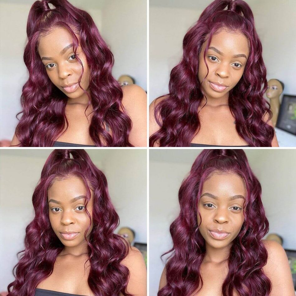 99j Body Wave Transparent Lace Wigs Burgundy Colored 5×5 Lace Closure ...