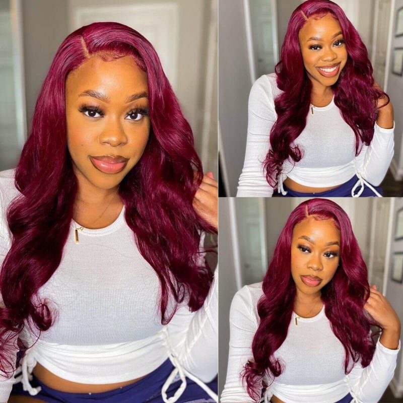 99j Body Wave Transparent Lace Wigs Burgundy Colored 5×5 Lace Closure ...